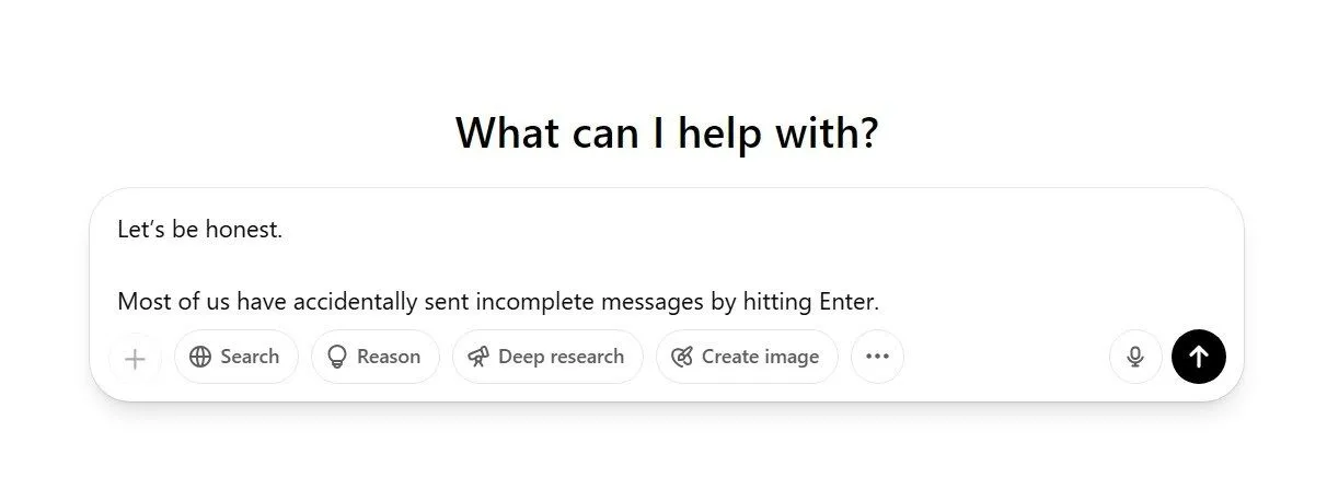 Màn hình ChatGPT hiển thị văn bản với hai dòng được ngắt bởi Shift Enter thay vì gửi tin nhắn.