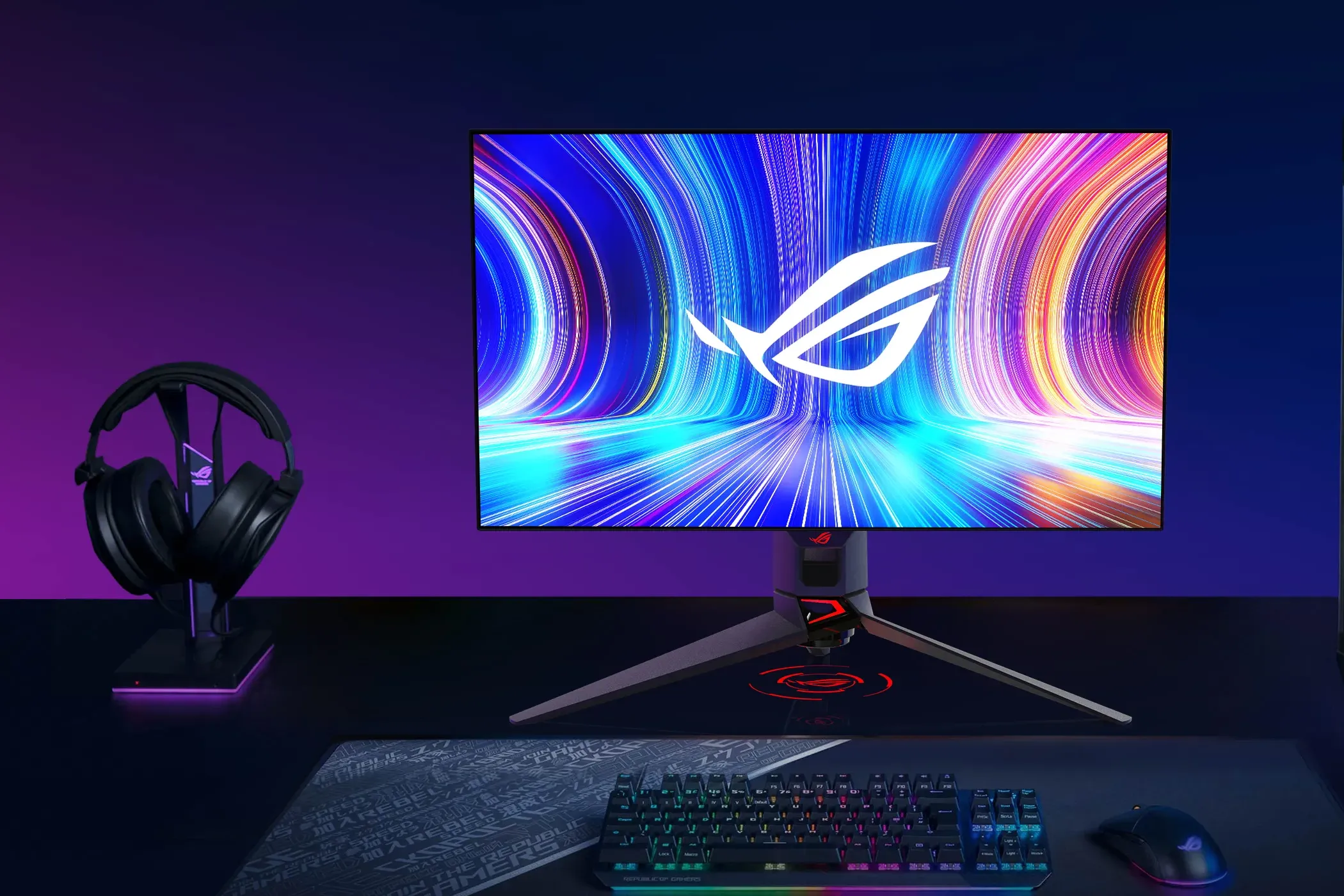 Màn hình gaming ASUS ROG Swift PG27AQDP đặt trên bàn làm việc