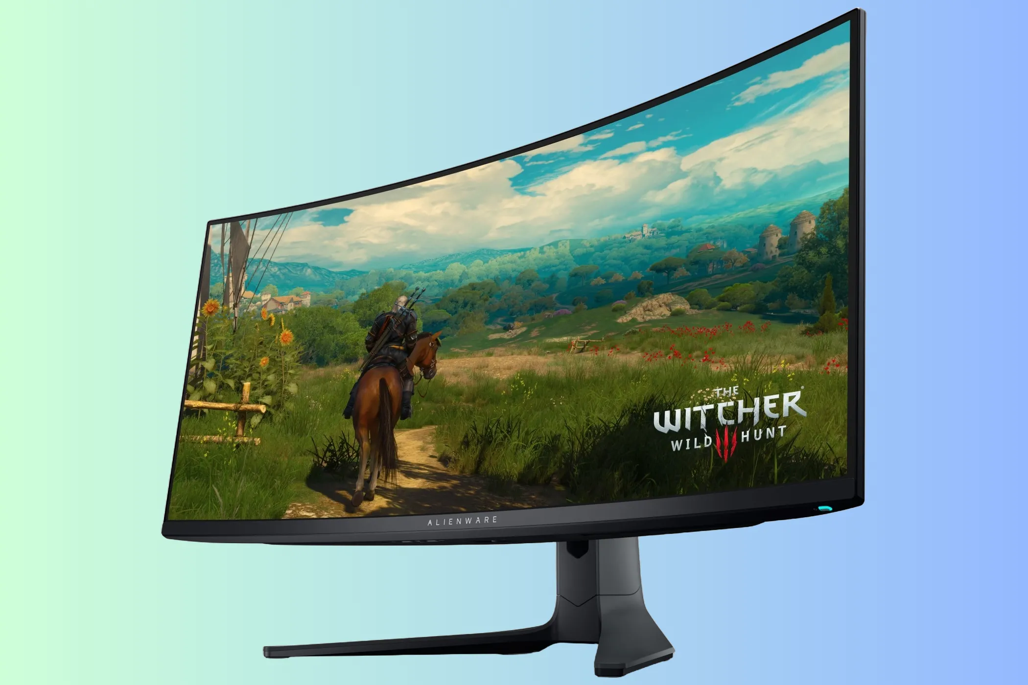 Màn hình gaming cong Dell Alienware AW3423DWF QD-OLED với ánh sáng nền xanh lá và xanh dương
