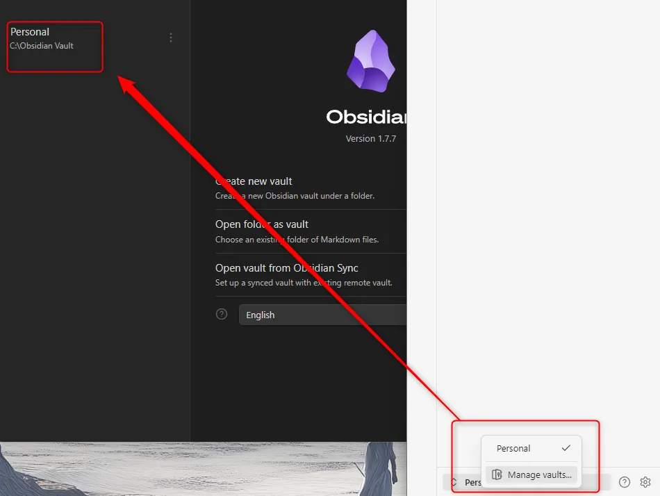 Màn hình quản lý Vaults của Obsidian trên PC, hiển thị đường dẫn thư mục lưu trữ vault giúp người dùng dễ dàng định vị.