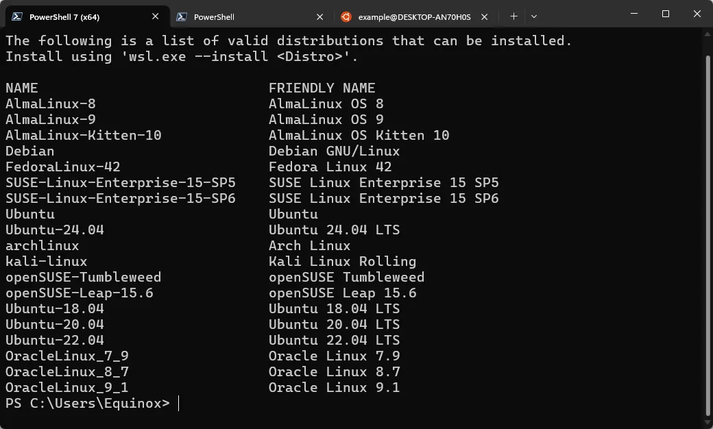 Màn hình Terminal liệt kê các bản phân phối Linux có sẵn để cài đặt qua WSL2, bao gồm Ubuntu, Debian, Kali Linux, v.v.
