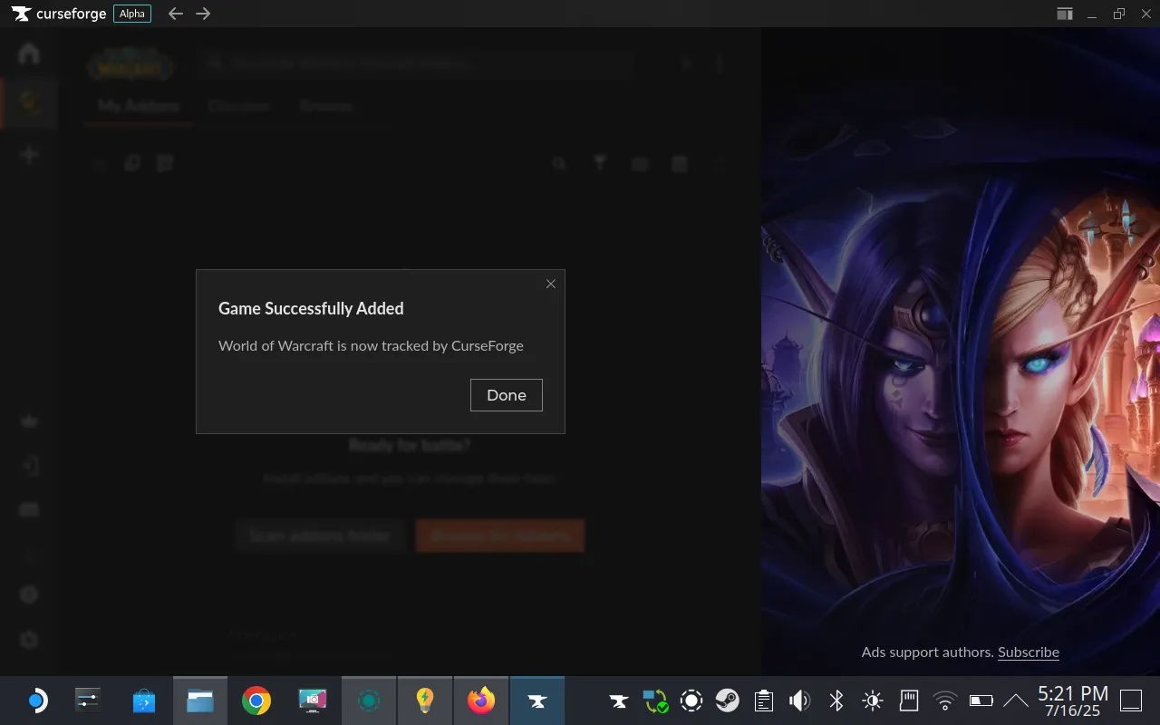 Màn hình xác nhận World of Warcraft đã được theo dõi thành công trong CurseForge, sẵn sàng để cài đặt và quản lý các add-on cho trải nghiệm chơi game tốt hơn.
