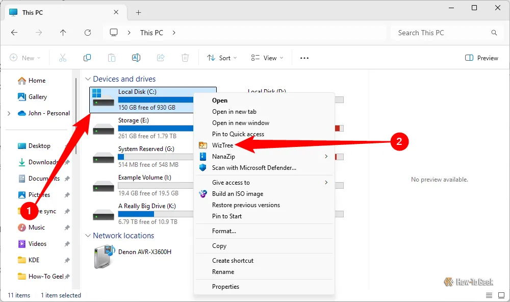 Menu chuột phải khi chọn ổ đĩa C, có tùy chọn WizTree trên Windows 11
