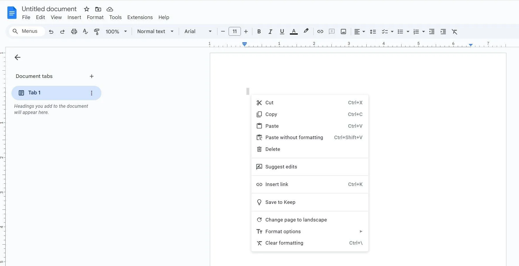Menu chuột phải trong Google Docs hiển thị tùy chọn dán văn bản không định dạng, minh họa cho Ctrl Shift V.