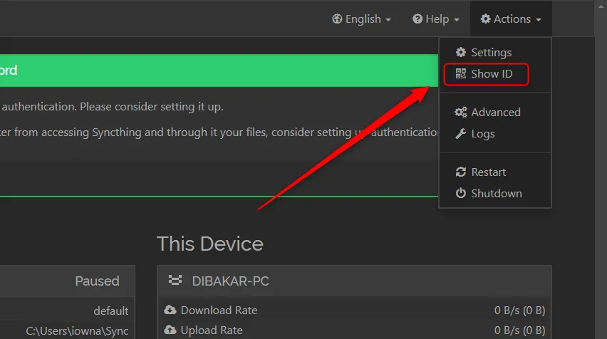 Menu tùy chọn &quot;Actions&quot; trong giao diện Syncthing trên PC, nơi người dùng có thể chọn &quot;Show ID&quot; để lấy mã định danh thiết bị.