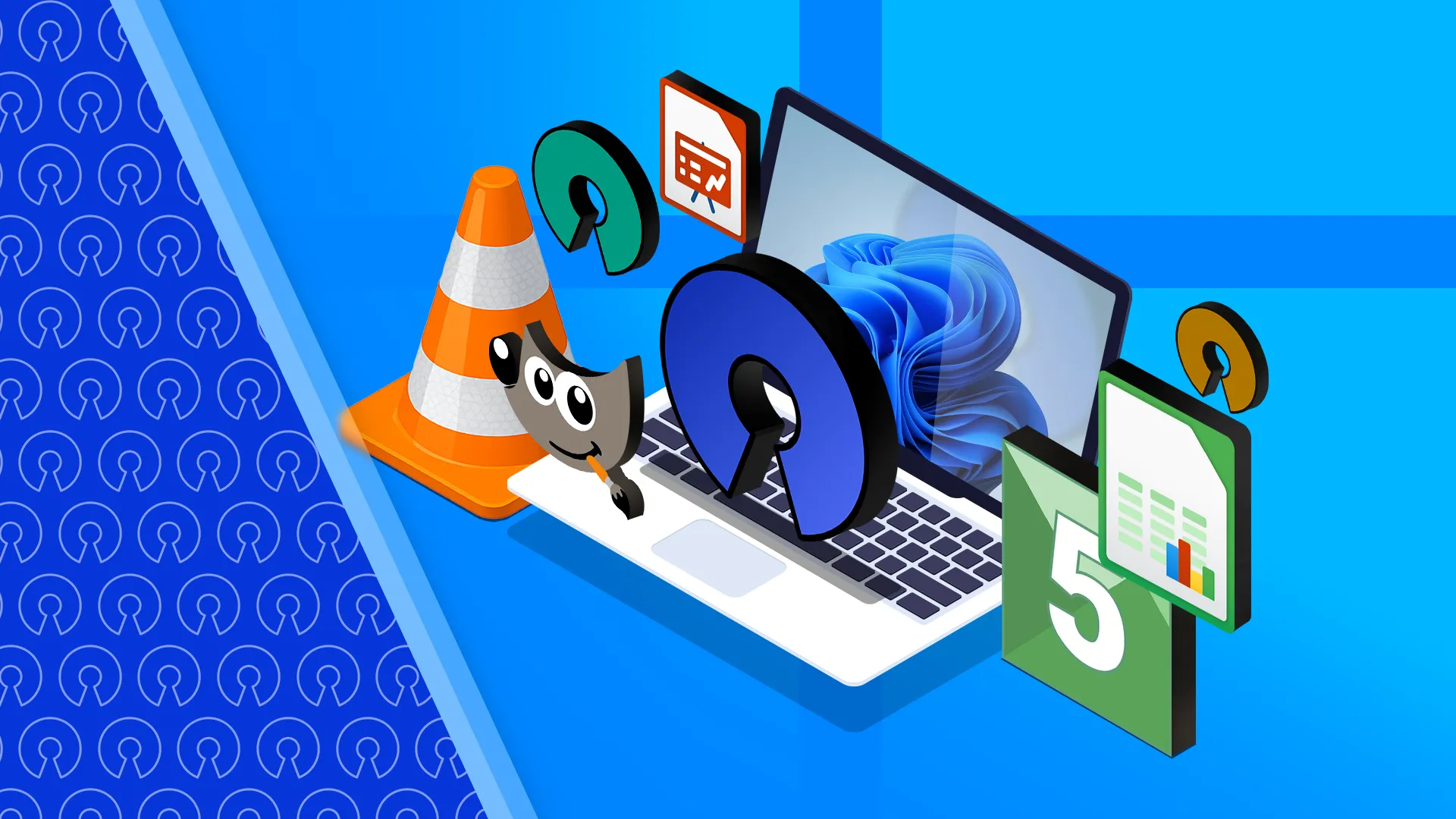 Minh họa laptop Windows 11 và các biểu tượng ứng dụng mã nguồn mở