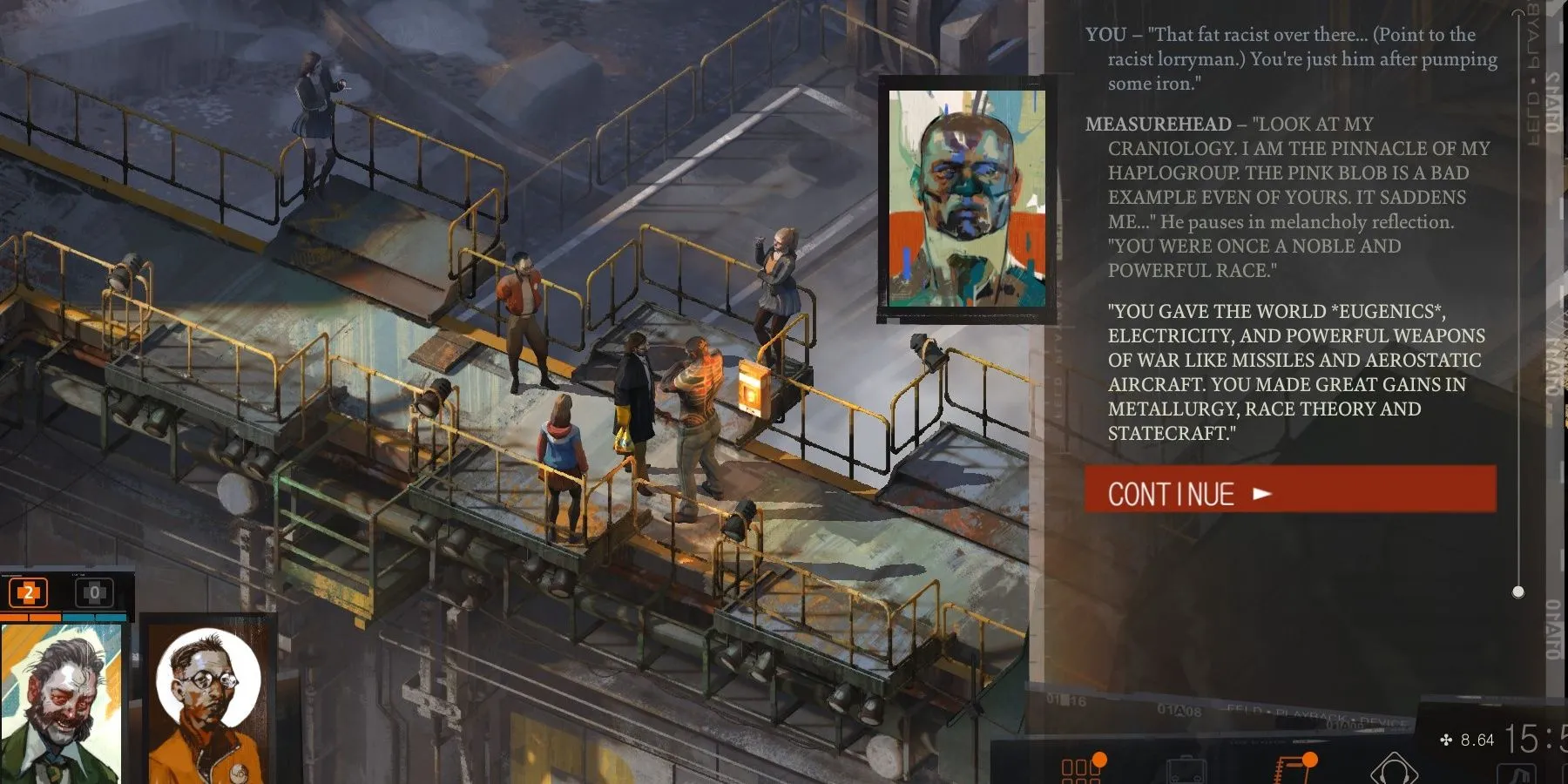 Một cảnh gameplay trong Disco Elysium, thể hiện đồ họa isometric và phong cách nghệ thuật độc đáo