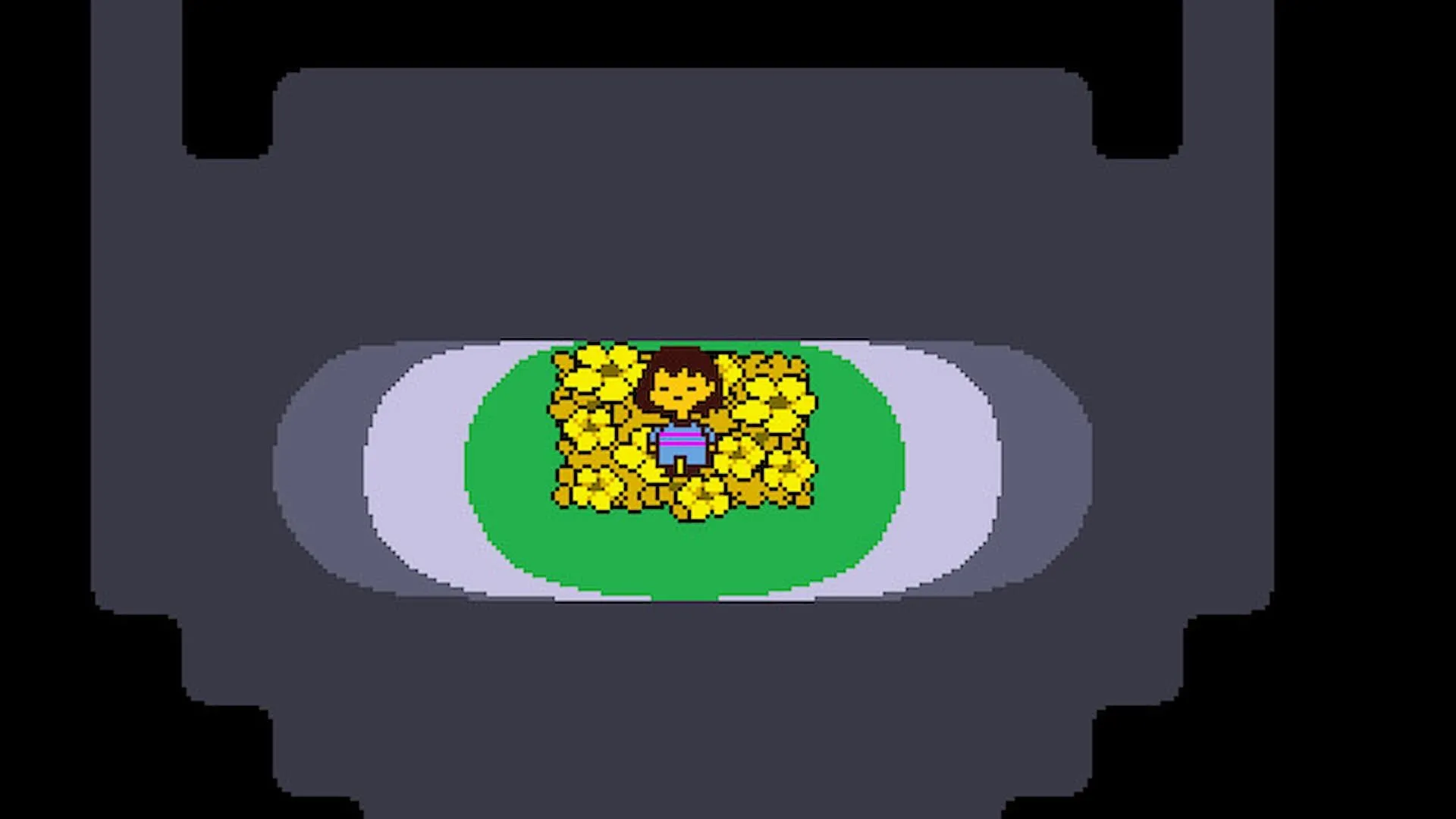 Nhân vật chính của Undertale giữa những bông hoa, với phong cách đồ họa pixel