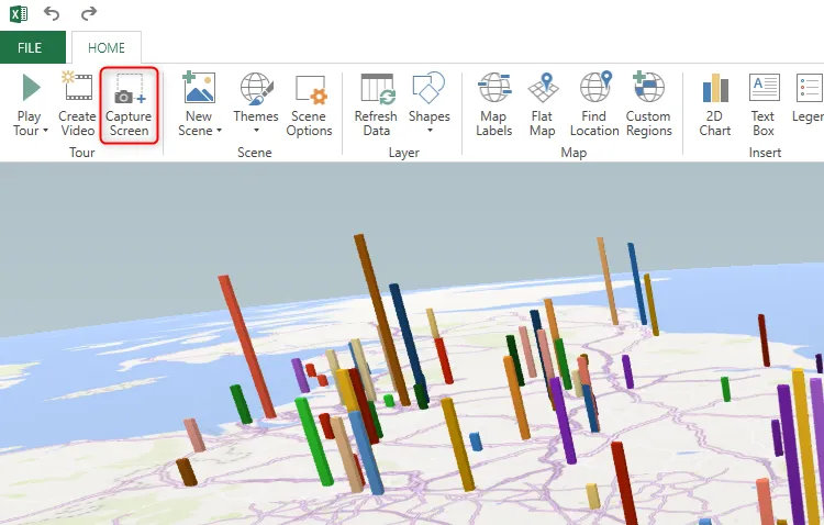 Nút &quot;Capture Screen&quot; được chọn trong tab Home của cửa sổ 3D Map trong Excel, cho phép chụp ảnh màn hình của bản đồ.