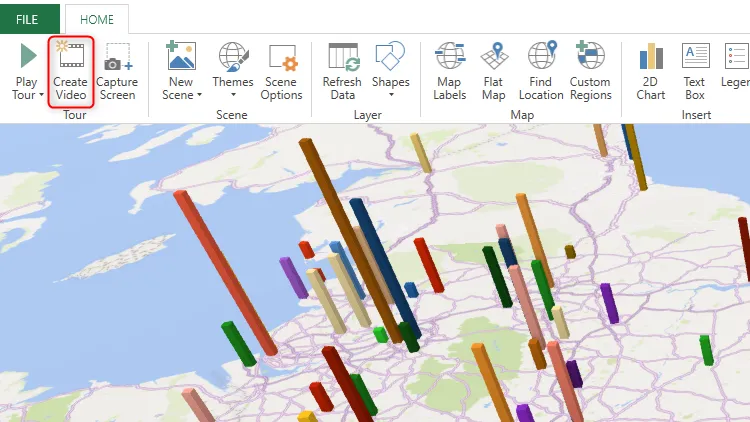 Nút &quot;Create Video&quot; được chọn trong tab Home của cửa sổ 3D Map trong Excel, cho phép tạo video từ các cảnh bản đồ động.