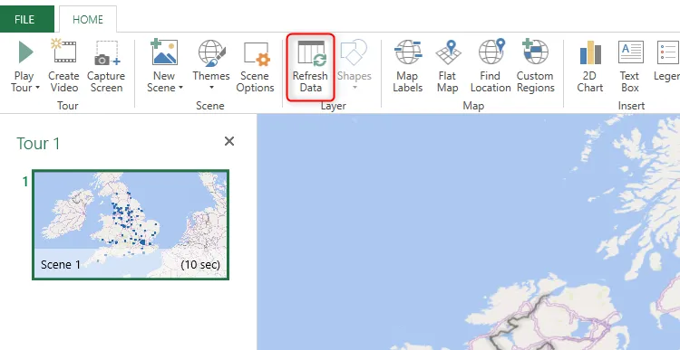 Nút &quot;Refresh Data&quot; được đánh dấu trong tab Home của cửa sổ 3D Map trong Excel, dùng để cập nhật dữ liệu bản đồ.