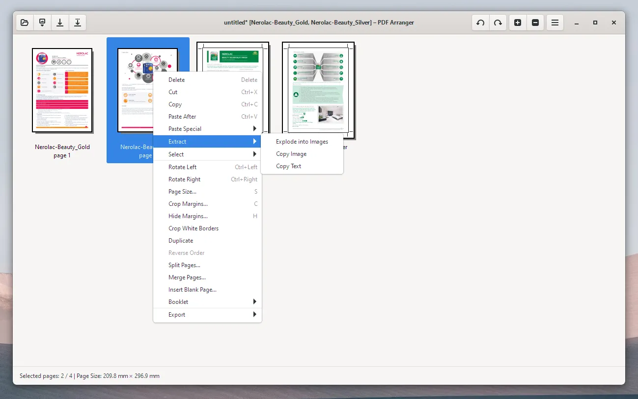 PDF Arranger với giao diện người dùng hiển thị hai tệp PDF đang mở để sắp xếp