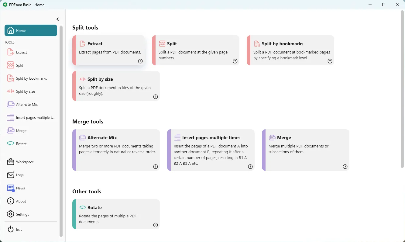 PDFsam Basic hiển thị các tùy chọn thao tác PDF như hợp nhất, chia tách, xoay