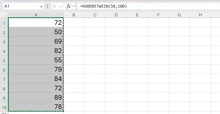 Sao chép 10 ô chứa giá trị ngẫu nhiên từ hàm RANDBETWEEN trong Excel