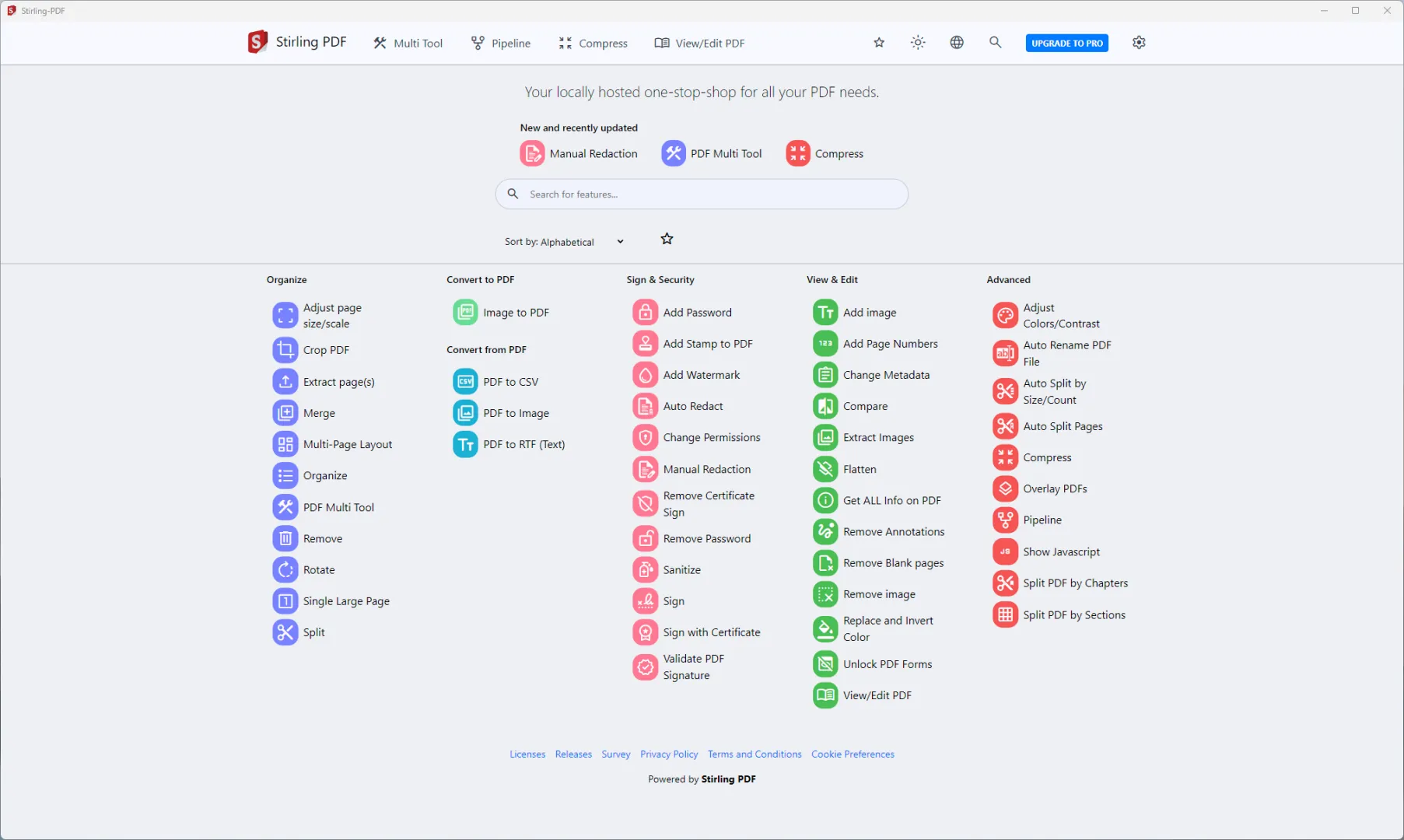 Stirling PDF với giao diện web hiển thị nhiều tùy chọn chỉnh sửa và thao tác PDF