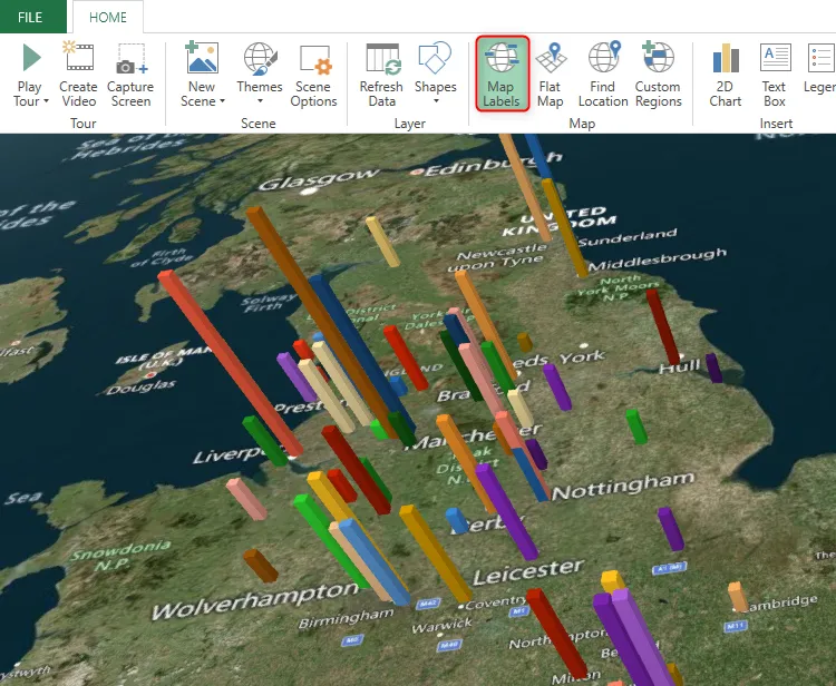 Tính năng &quot;Map Labels&quot; được kích hoạt trong công cụ 3D Map của Excel, hiển thị tên địa điểm và khu vực trên bản đồ.