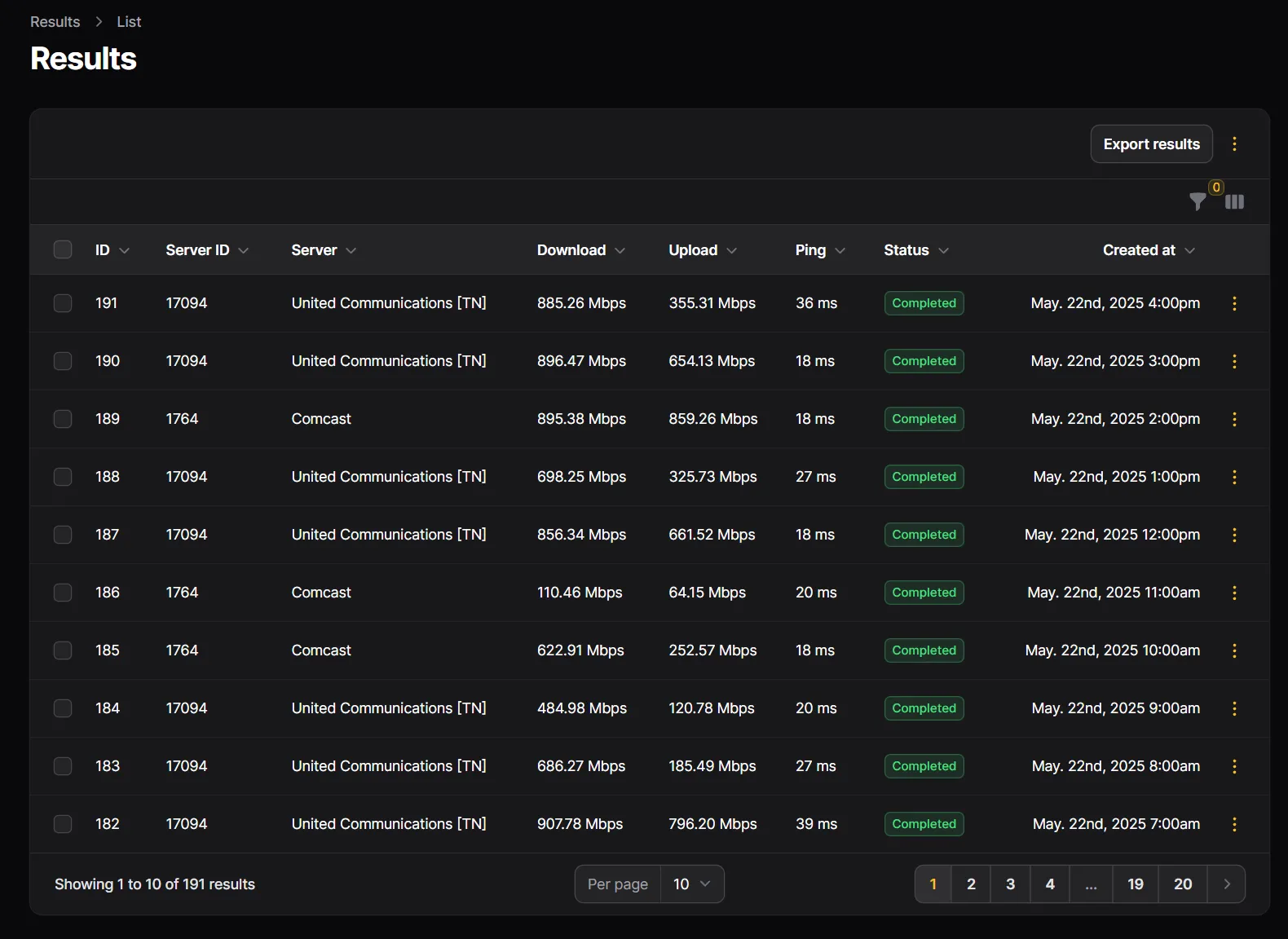 Trang kết quả chi tiết của Speedtest-Tracker, hiển thị lịch sử các lần kiểm tra tốc độ mạng.