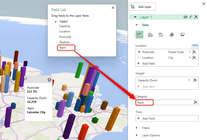 Trường &quot;Team&quot; được thêm vào mục Category trong Layer Pane của 3D Map Excel, giúp phân loại và hiển thị nhãn dữ liệu trên bản đồ.