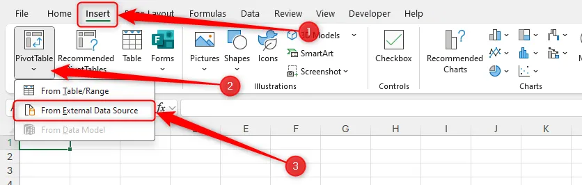 Tùy chọn &quot;From External Data Source&quot; trong menu thả xuống PivotTable của tab Insert trên Excel, cho phép nhập dữ liệu từ nhiều nguồn bên ngoài.