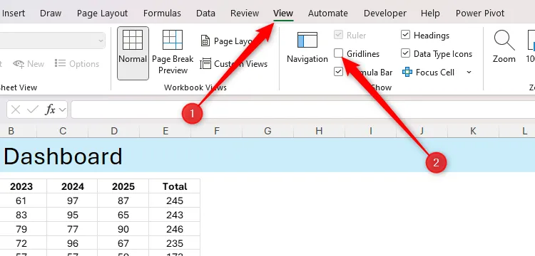 Tùy chọn &quot;Gridlines&quot; trong tab View của Excel được bỏ chọn để ẩn đường lưới, giúp hiển thị ảnh liên kết rõ ràng hơn.