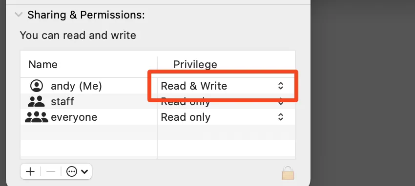 Tùy chọn Quyền Đọc &amp; Ghi trong cửa sổ thông tin file macOS giúp xóa các file bị khóa