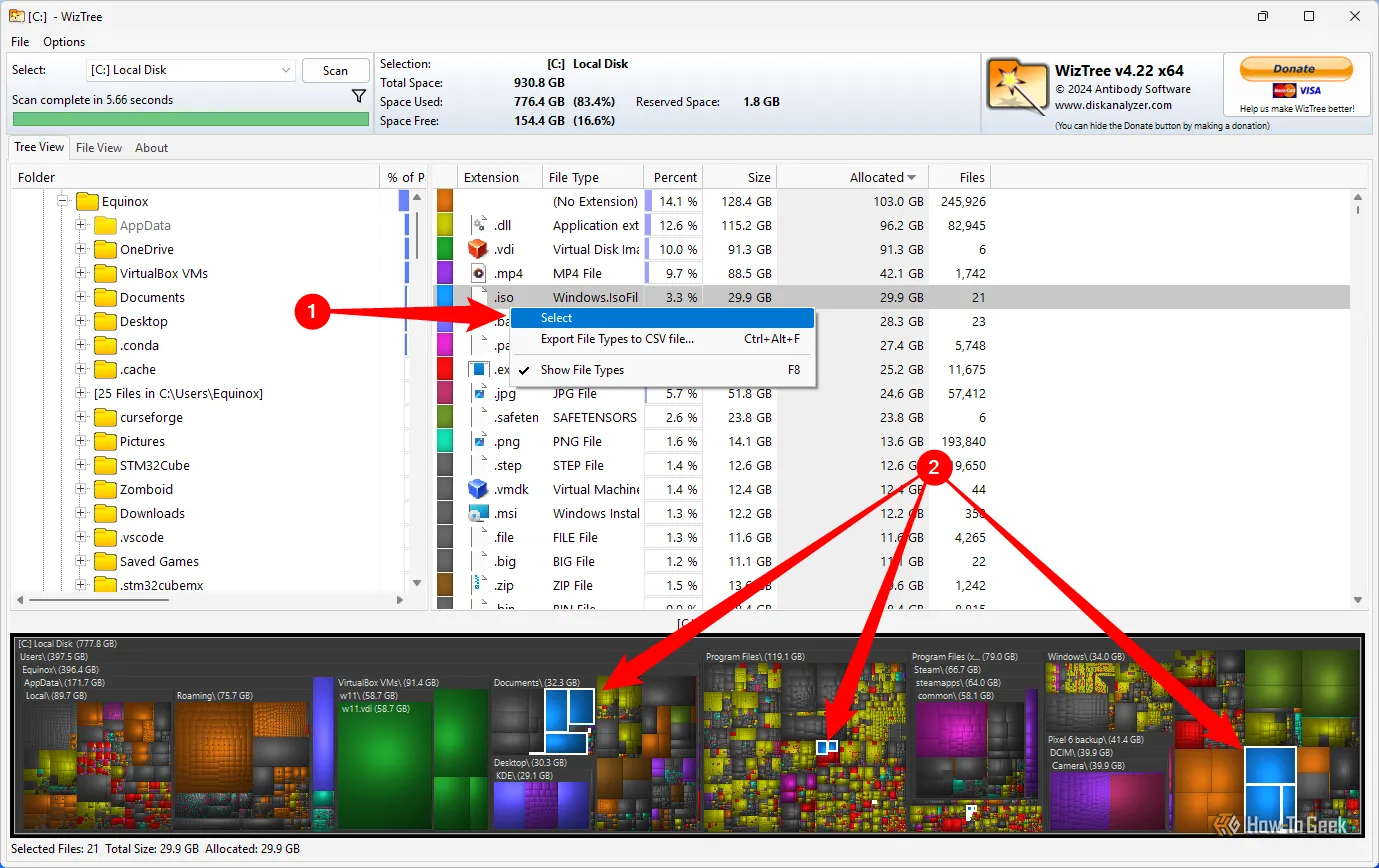 WizTree hiển thị và chọn tất cả tệp tin ISO trên ổ đĩa C
