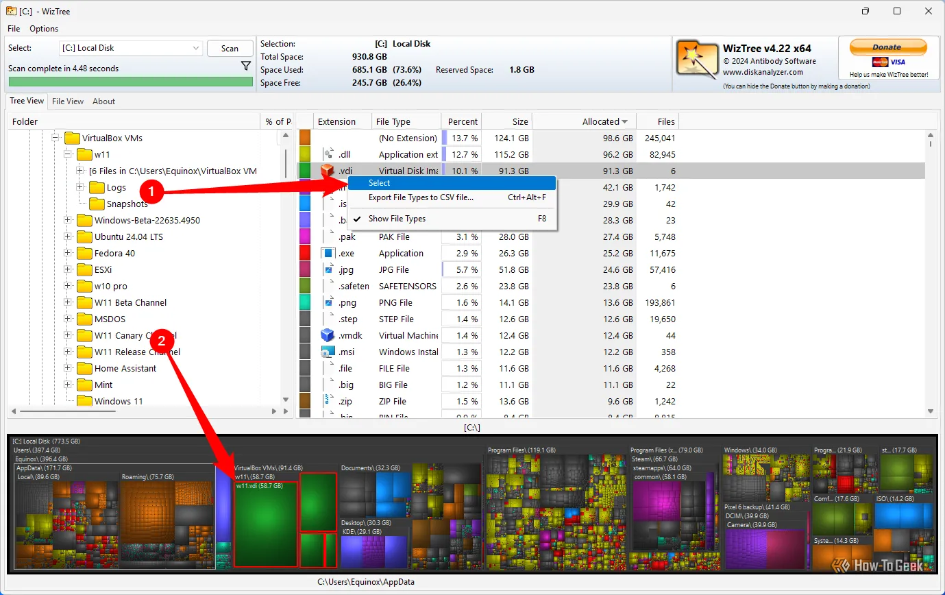 Xóa các tệp VDI trong WizTree để giải phóng 91.3GB dung lượng