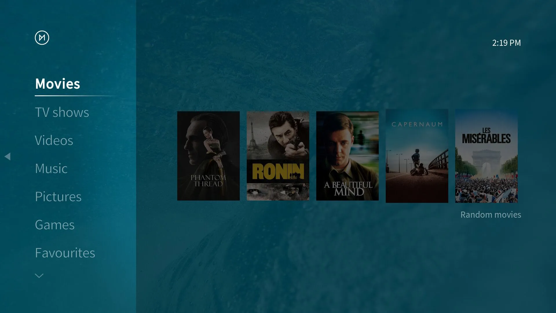 Ảnh chụp màn hình hiển thị giao diện Kodi tùy chỉnh cho OSMC, với chủ đề độc đáo