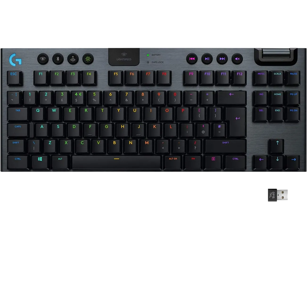 Bàn phím Logitech G915 TKL Lightspeed màu đen với đèn RGB lung linh, thể hiện công nghệ không dây tiên tiến và thiết kế mỏng