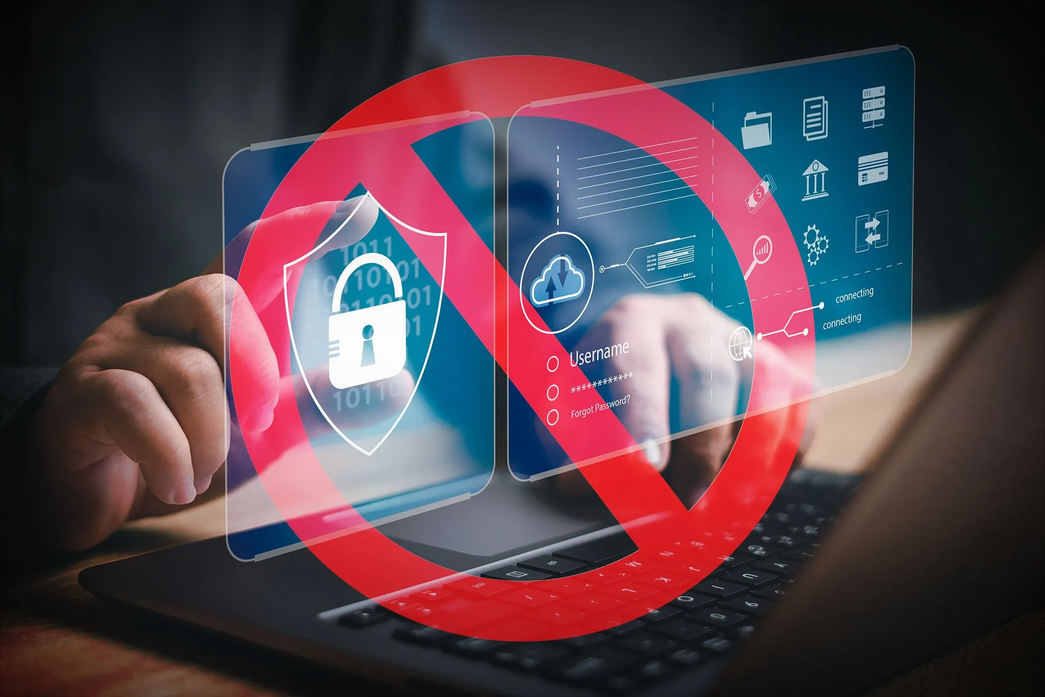Bàn tay đang gõ laptop với biểu tượng cấm che các icon bảo mật, nhấn mạnh tầm quan trọng của việc tự chủ dữ liệu và quyền riêng tư