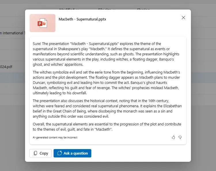 Bản tóm tắt của Copilot về bài thuyết trình PowerPoint về chủ đề siêu nhiên trong Macbeth, hiển thị khả năng tóm tắt nội dung file.