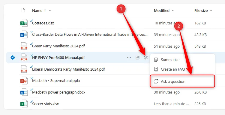 Biểu tượng Copilot được chọn cạnh file PDF hướng dẫn sử dụng máy in, với nút &quot;Ask A Question&quot; được làm nổi bật để tạo FAQ tùy chỉnh.