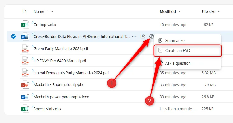 Biểu tượng Copilot được chọn cạnh tài liệu Word trong OneDrive, với nút &quot;Create An FAQ&quot; được làm nổi bật để tạo danh sách câu hỏi thường gặp.