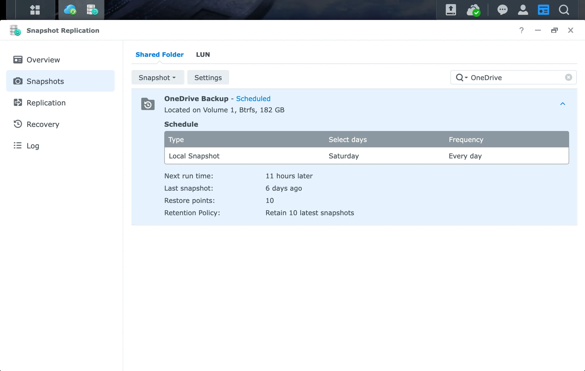 Các bản sao lưu ảnh chụp nhanh OneDrive được tạo trên NAS bằng Synology Snapshot Replication.