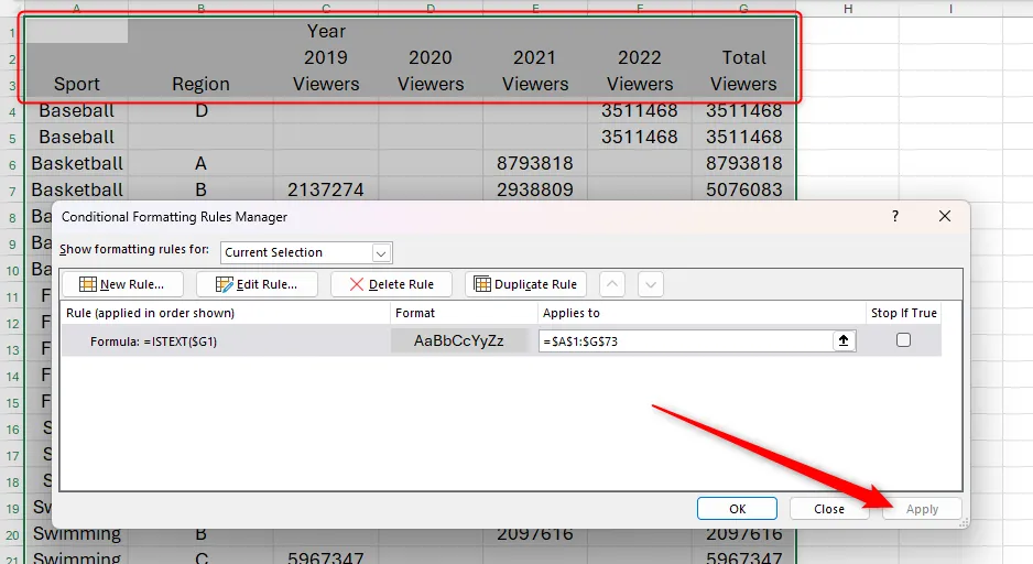Các hàng tiêu đề của một số dữ liệu tràn trong Excel được tô màu xám sau khi nhấp nút Apply trong hộp thoại Conditional Formatting Rules Manager