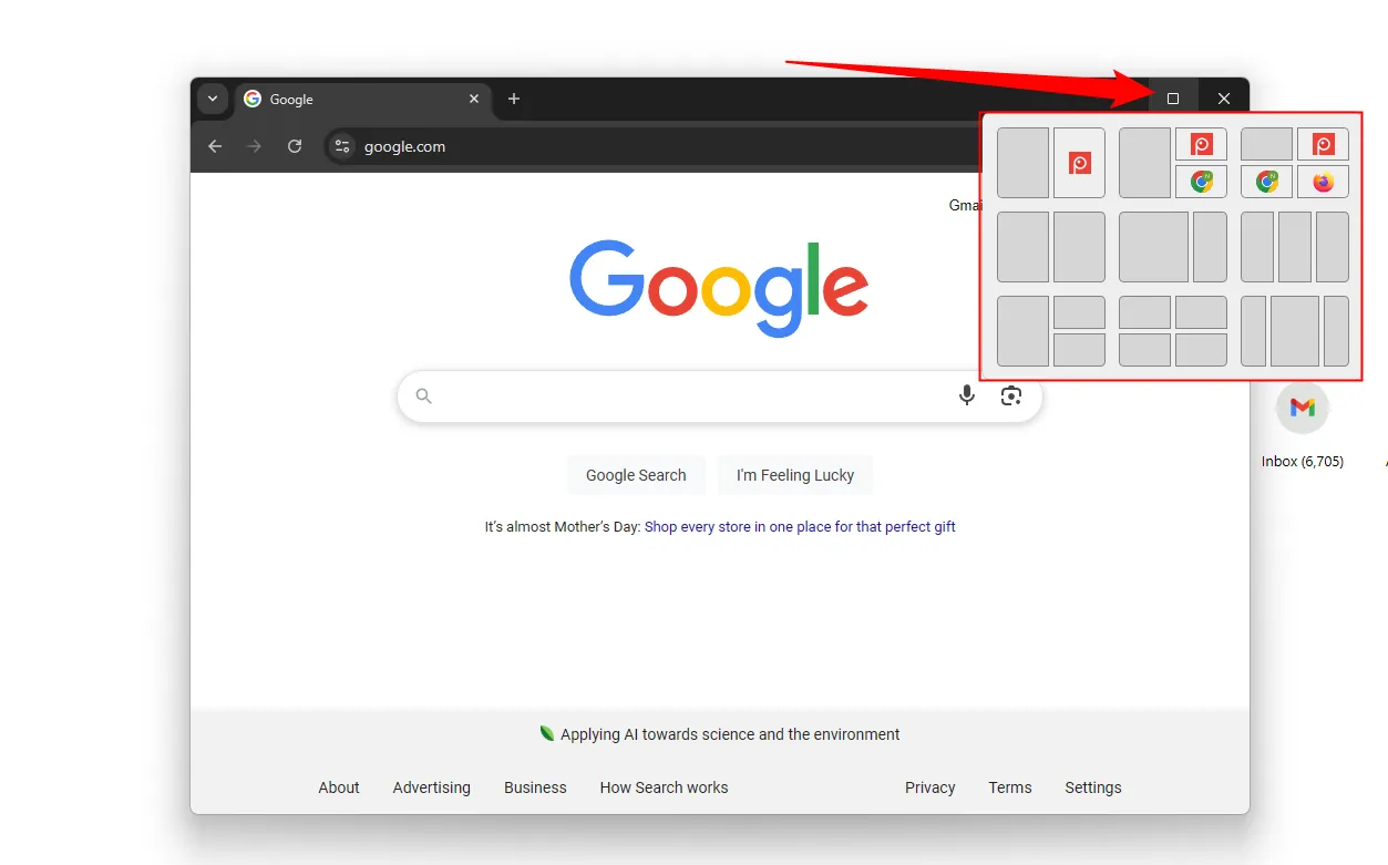 Các tùy chọn sắp xếp cửa sổ (Snap Layouts) hiện ra khi di chuột vào nút phóng to trên Windows, giúp người dùng dễ dàng bố trí không gian làm việc.