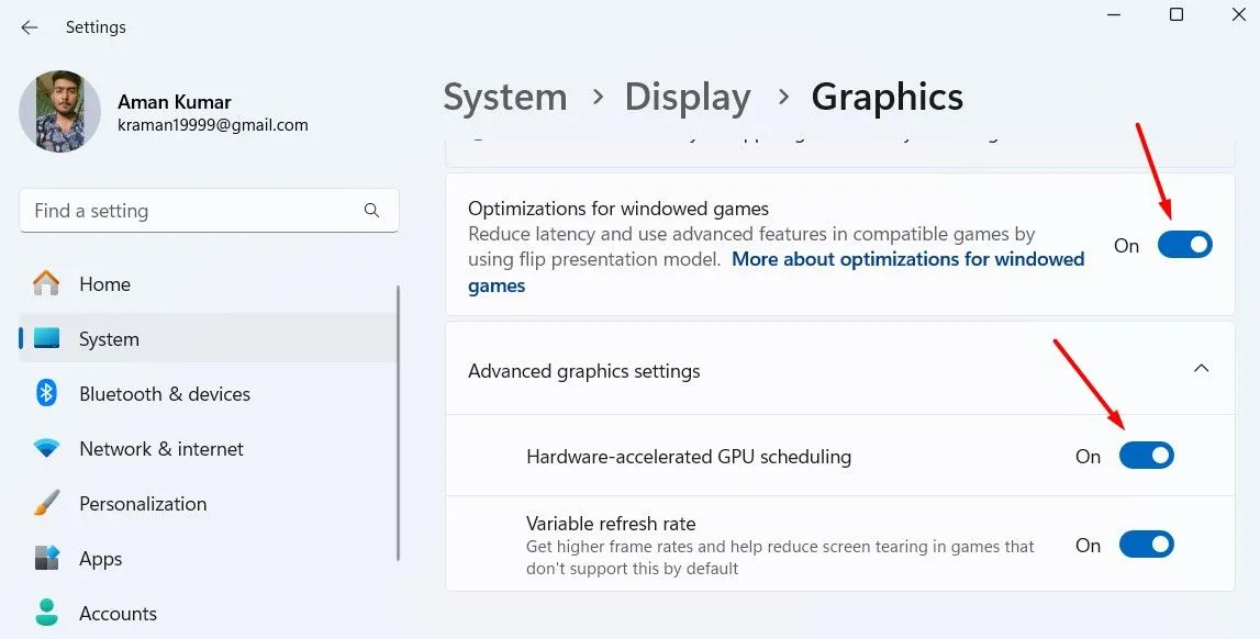 Cài đặt đồ họa trong Windows 11 Settings với tùy chọn &quot;Optimization for Windowed Games&quot; và &quot;Variable Refresh Rate&quot;