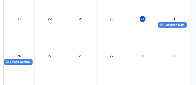 Chế độ xem các nhiệm vụ Google Tasks với ngày đến hạn trên Google Calendar.