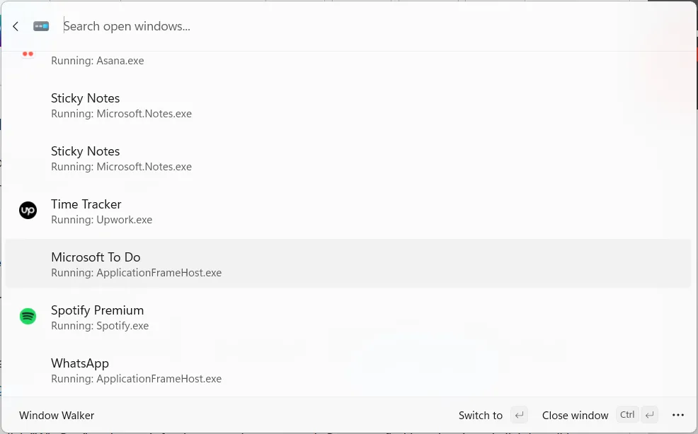 Chức năng Window Walker của Command Palette đang được sử dụng trên Windows.