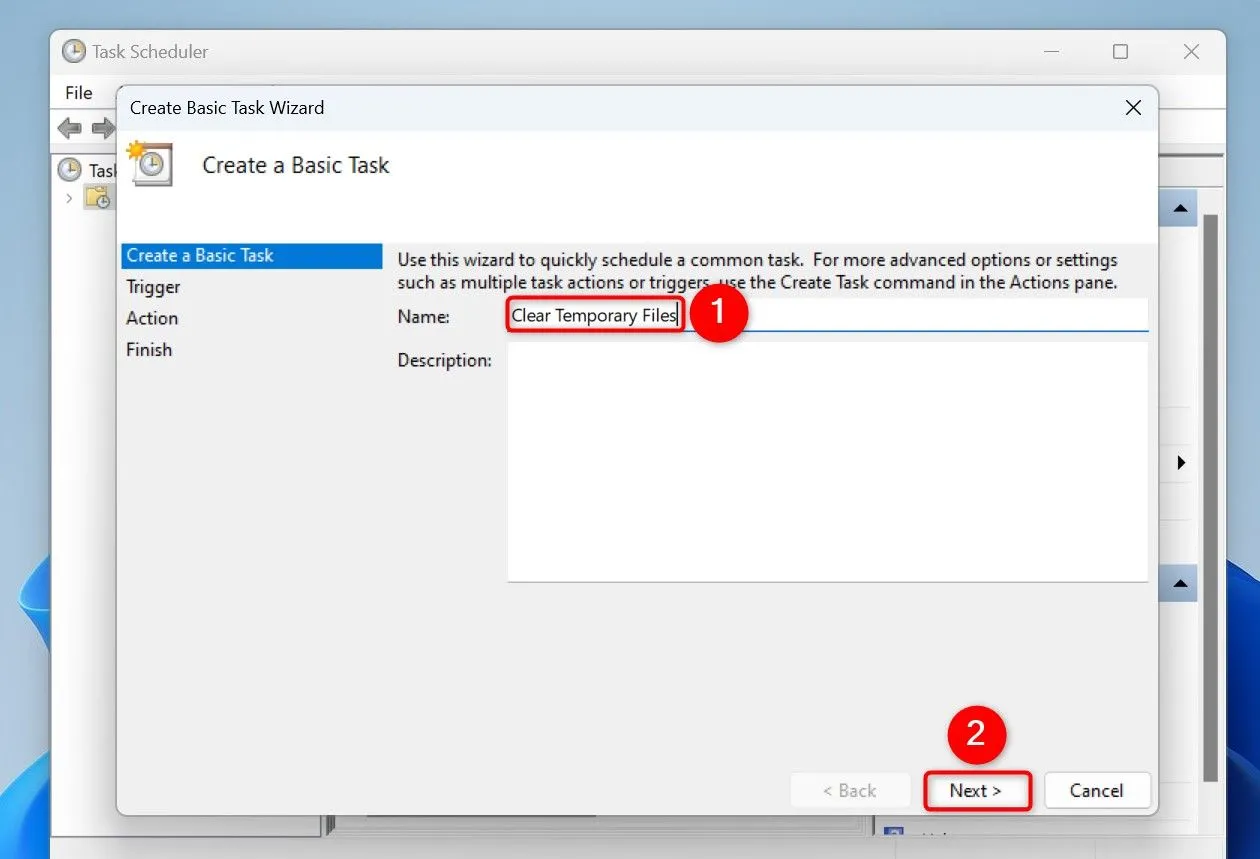 Cửa sổ &quot;Create Basic Task Wizard&quot; trong Task Scheduler, đặt tên tác vụ &quot;Clear Temporary Files&quot; cho Windows 11.