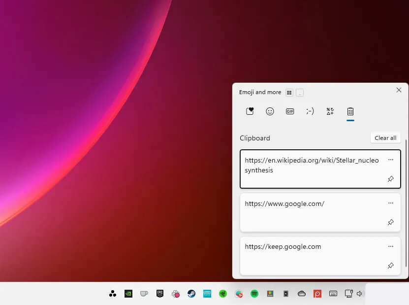 Cửa sổ pop-up hiển thị lịch sử clipboard trên Windows 11 khi nhấn Win+V, cho phép truy cập nhanh các mục đã sao chép trước đó.