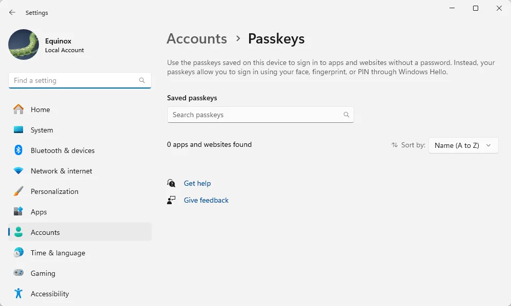 Cửa sổ quản lý Passkey trên Windows 11, cho phép người dùng kiểm soát các khóa truy cập đã tạo.