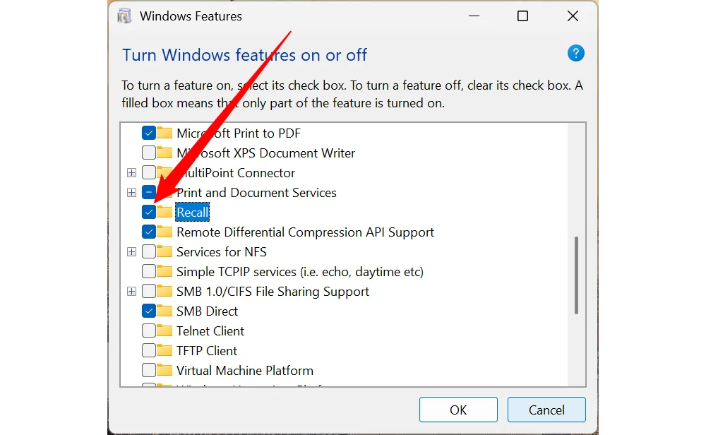 Cửa sổ 'Turn Windows Features On or Off' trên Windows 11, cho phép bỏ chọn 'Recall' để tắt tính năng này hoàn toàn.