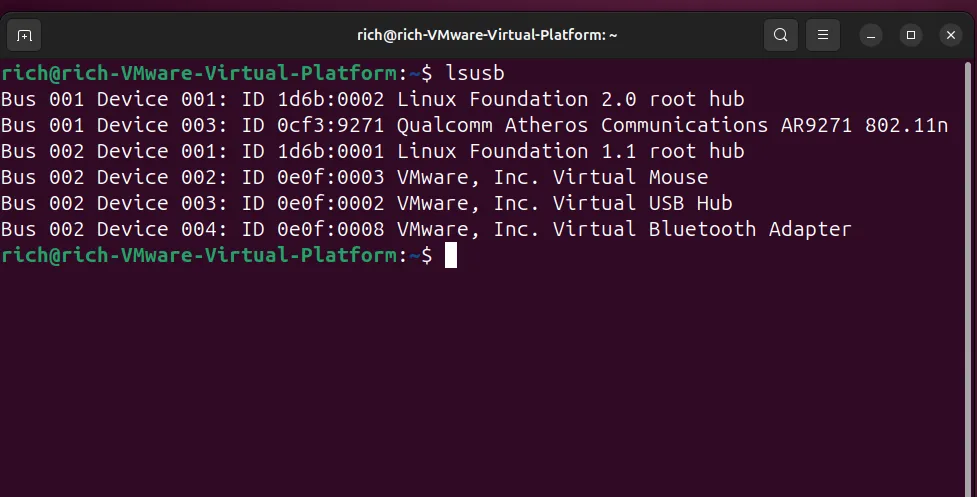 Danh sách thiết bị USB hiển thị từ lệnh lsusb trên Ubuntu, giúp kiểm tra bộ điều hợp Wi-Fi