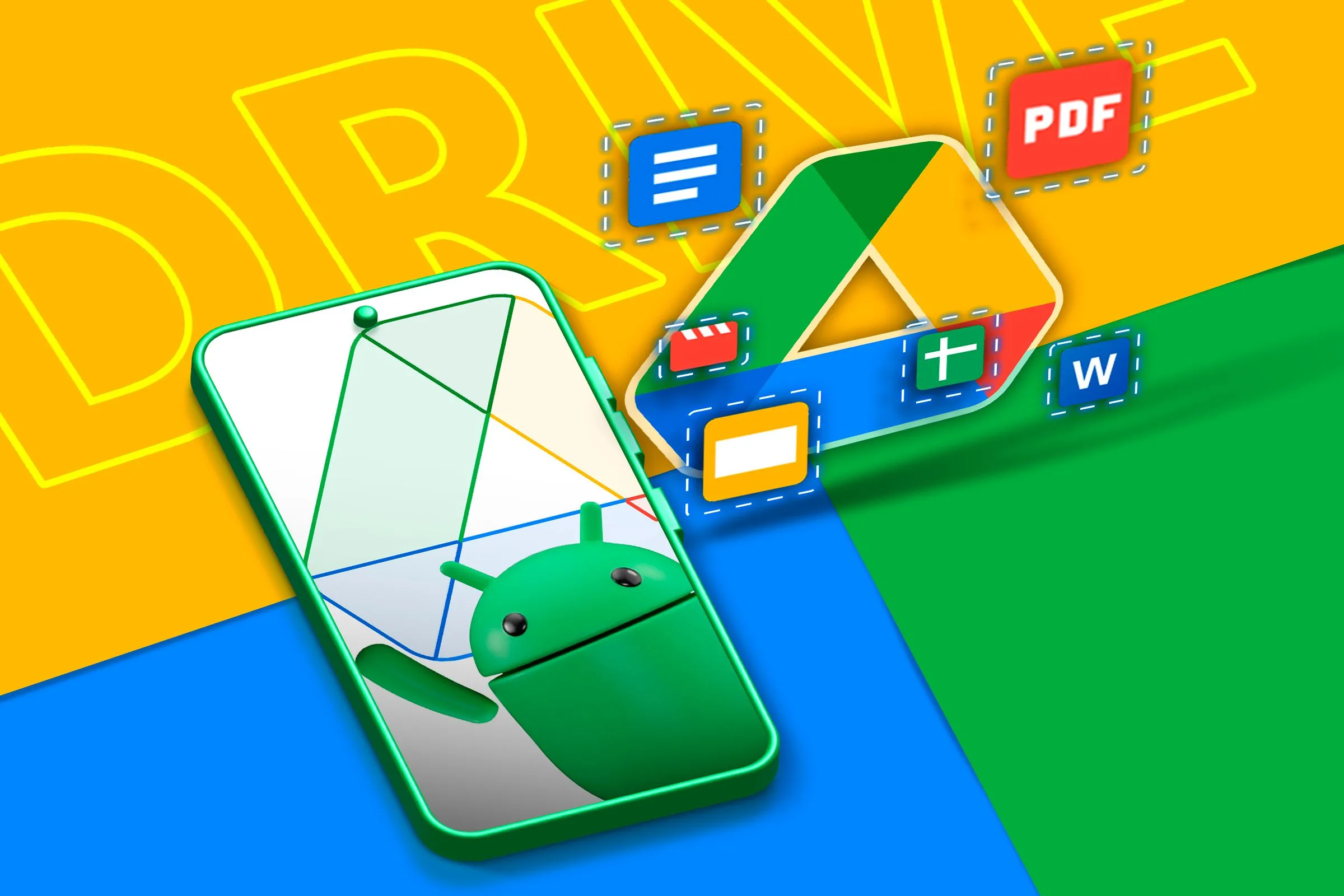 Điện thoại Android hiển thị logo Google Drive cùng các biểu tượng ứng dụng công nghệ khác.
