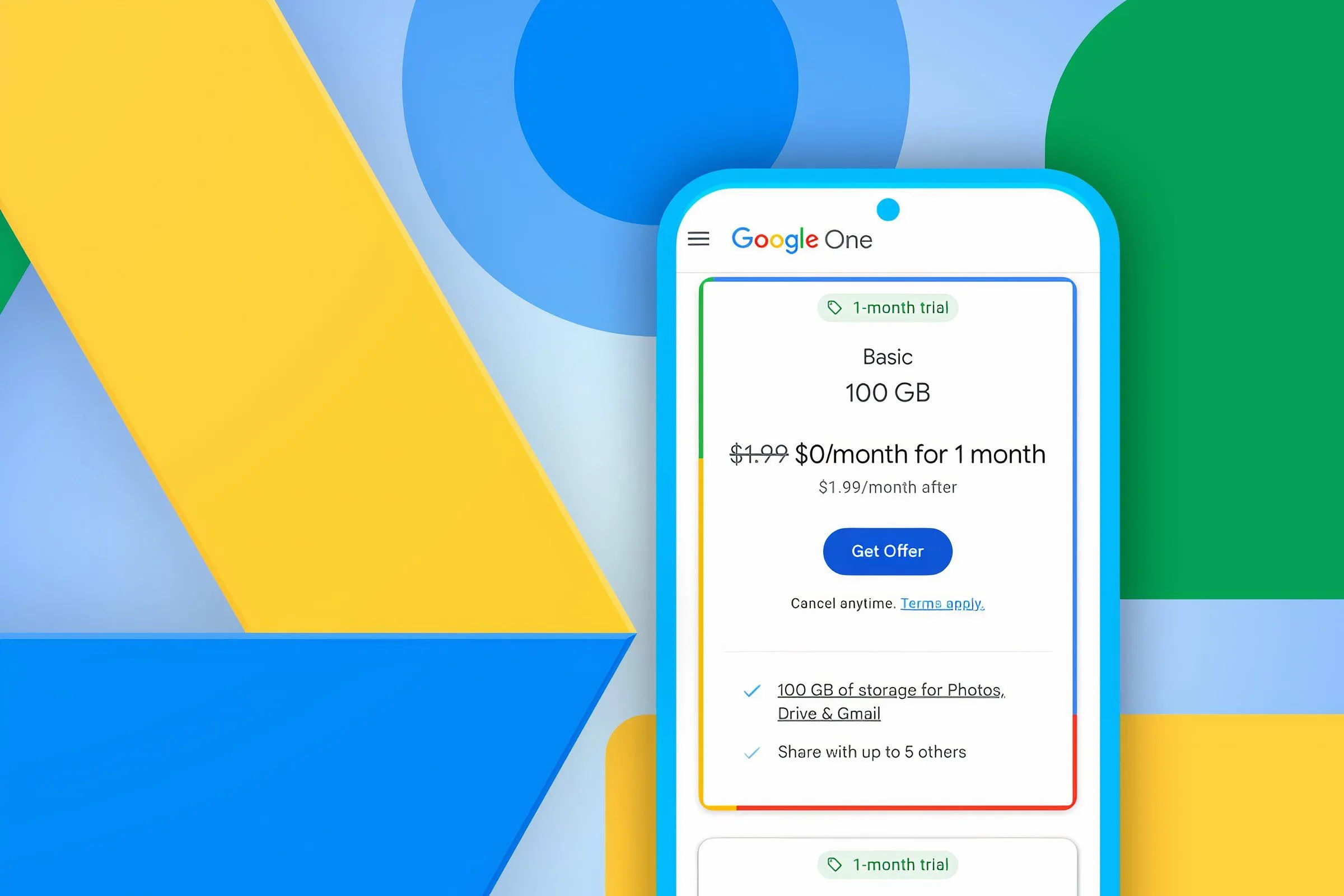 Điện thoại hiển thị gói lưu trữ của Google Drive, thể hiện các lựa chọn cho người dùng.