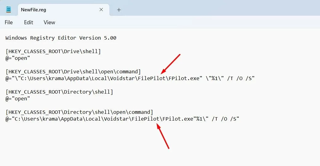 Đoạn mã Registry tùy chỉnh trong Notepad với đường dẫn của ứng dụng File Pilot