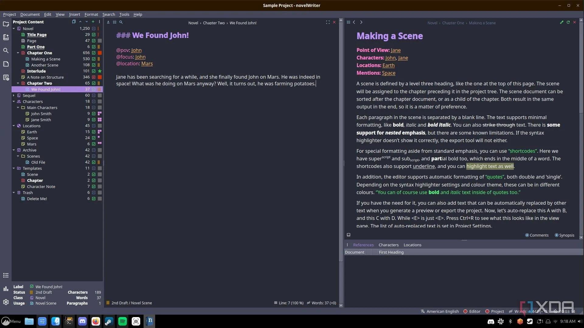 Dự án viết đang mở trong ứng dụng NovelWriter trên Linux với các tính năng tổ chức