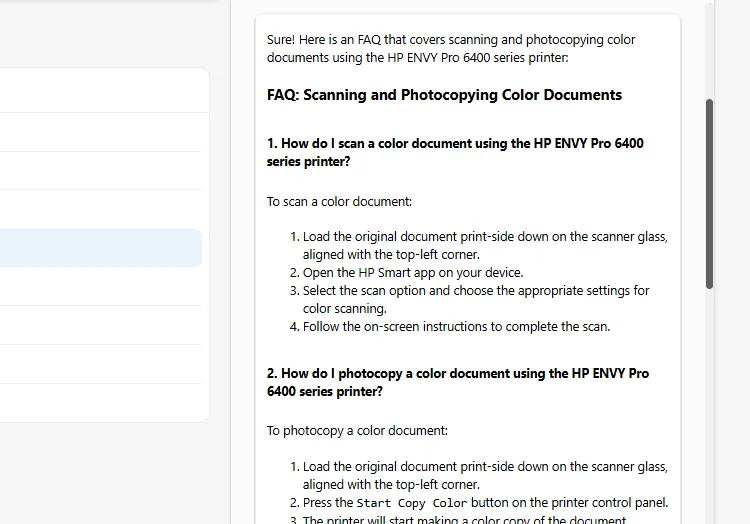 FAQ tùy chỉnh do Copilot trong OneDrive tạo ra, hướng dẫn cách scan và photocopy tài liệu màu bằng máy in.