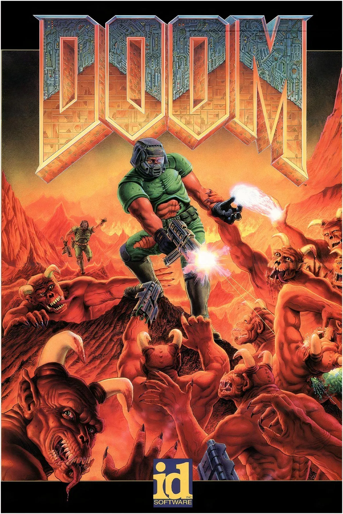 Gameplay kinh điển của Doom trên máy Mac, với đồ họa pixel đặc trưng và hành động bắn súng góc nhìn thứ nhất.